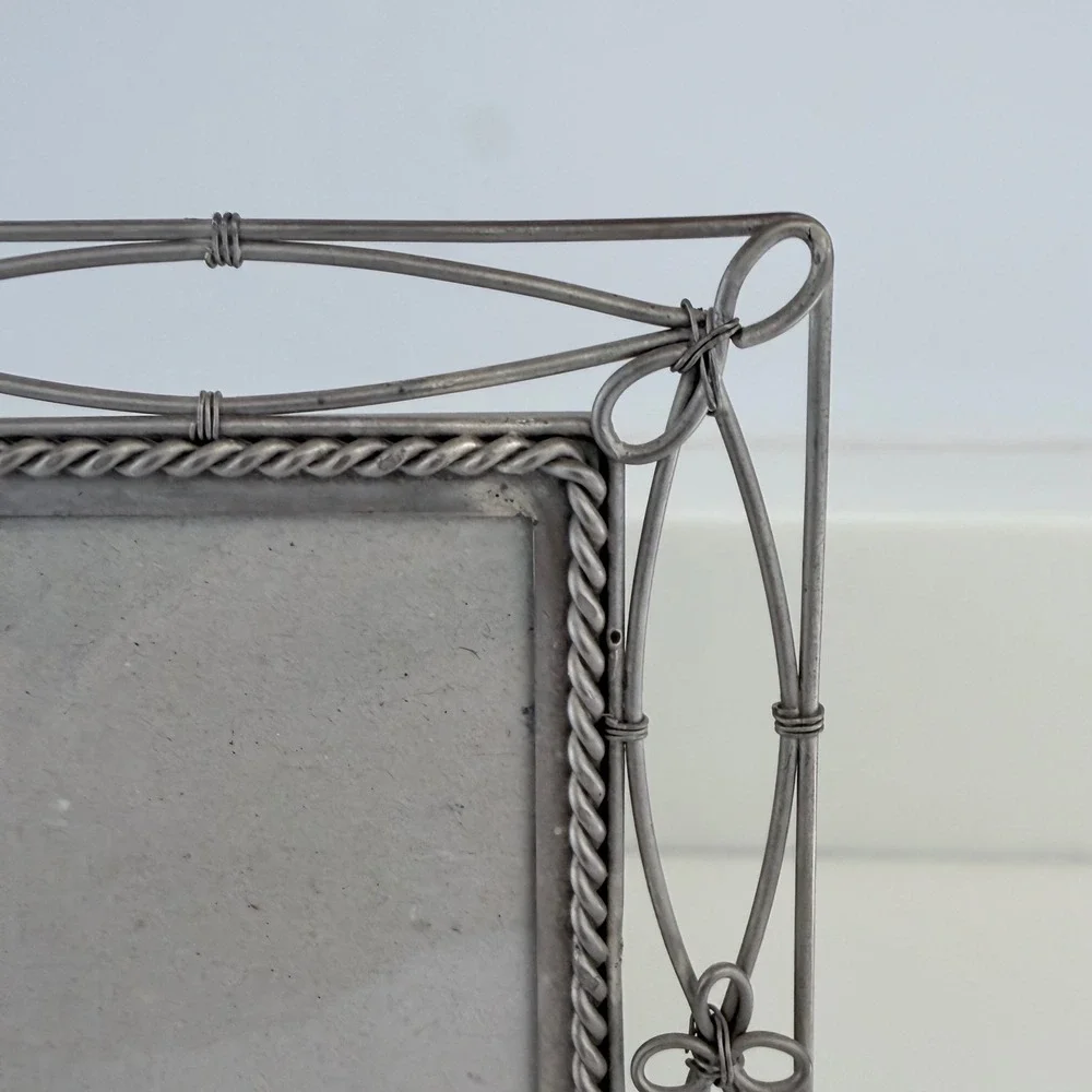 Vintage Wire Metal Photo Frame Pewter Tone Floral Bow Detail 5x7 Picture Frame